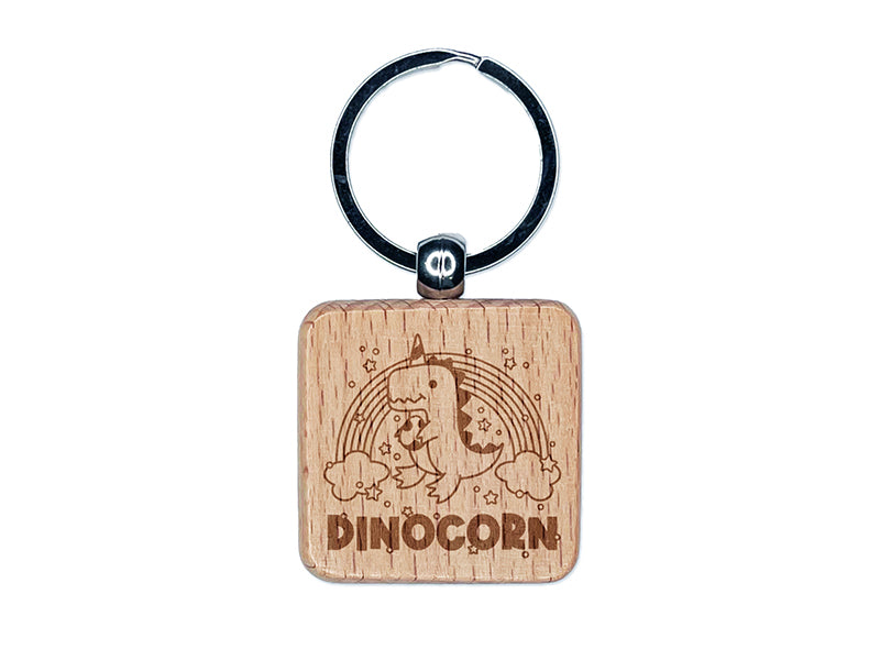 Dinocorn Dinosaur Unicorn with Rainbow Engraved Wood Square Keychain Tag Charm