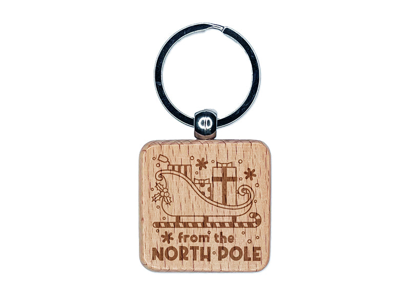 From the North Pole Santa Sleigh Christmas Presents Engraved Wood Square Keychain Tag Charm