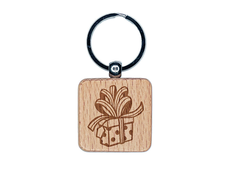 Gift with Large Bow Birthday Anniversary Christmas Holiday Engraved Wood Square Keychain Tag Charm