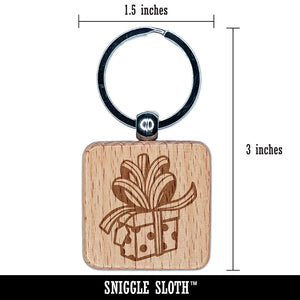 Gift with Large Bow Birthday Anniversary Christmas Holiday Engraved Wood Square Keychain Tag Charm