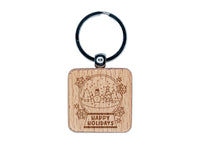 Happy Holidays Snow Globe Christmas Snowman Engraved Wood Square Keychain Tag Charm