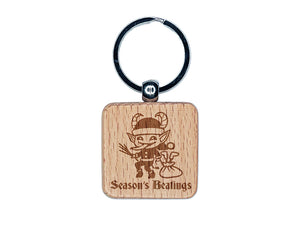 Santa's Little Krampus Helper Season's Beatings Greetings Christmas Elf Engraved Wood Square Keychain Tag Charm