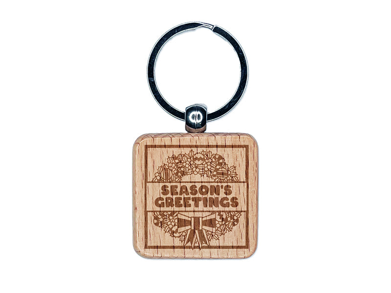 Season's Greetings Christmas Wreath Engraved Wood Square Keychain Tag Charm