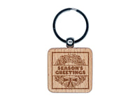 Season's Greetings Christmas Wreath Engraved Wood Square Keychain Tag Charm