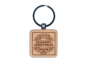 Season's Greetings Christmas Wreath Engraved Wood Square Keychain Tag Charm