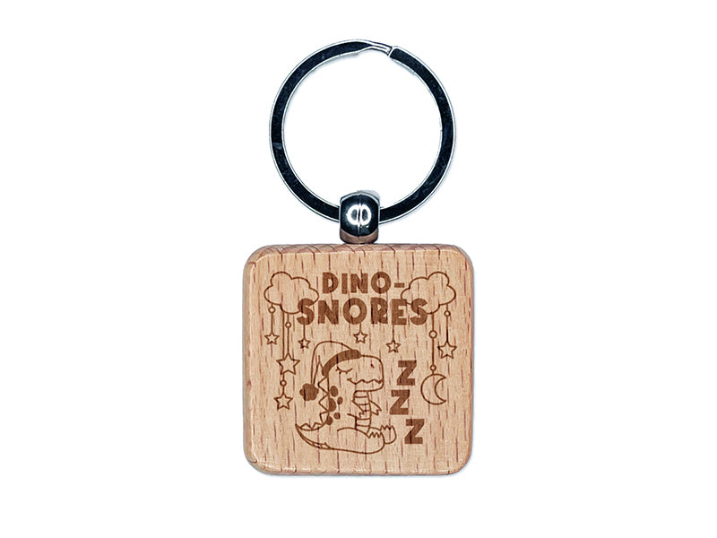 Sleeping Dino Snores Dinosaur Pun Engraved Wood Square Keychain Tag Charm