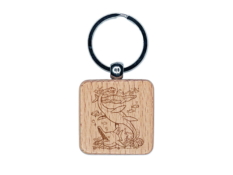 Aquatic Dinosaurs Ichthyosaurus Plesiosaur Mosasaurus Engraved Wood Square Keychain Tag Charm