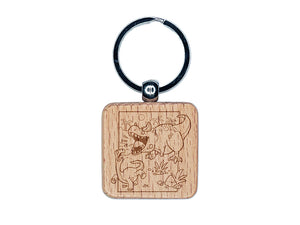 Carnotaurus Horned Dinosaur Roaring Engraved Wood Square Keychain Tag Charm