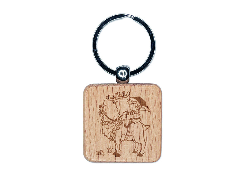 Christmas Elf Riding Hungry Reindeer Engraved Wood Square Keychain Tag Charm