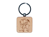 Christmas Elf Riding Hungry Reindeer Engraved Wood Square Keychain Tag Charm