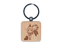 Christmas Elf with Stocking and Candy Cane Engraved Wood Square Keychain Tag Charm