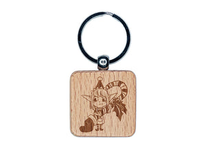 Christmas Elf with Stocking and Candy Cane Engraved Wood Square Keychain Tag Charm