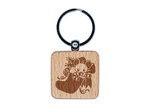 Christmas Mouse In Stocking with Candy Cane Engraved Wood Square Keychain Tag Charm