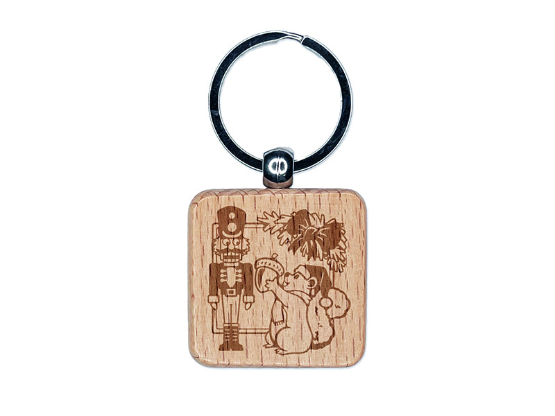 Christmas Nutcracker with Squirrel and Acorn Engraved Wood Square Keychain Tag Charm