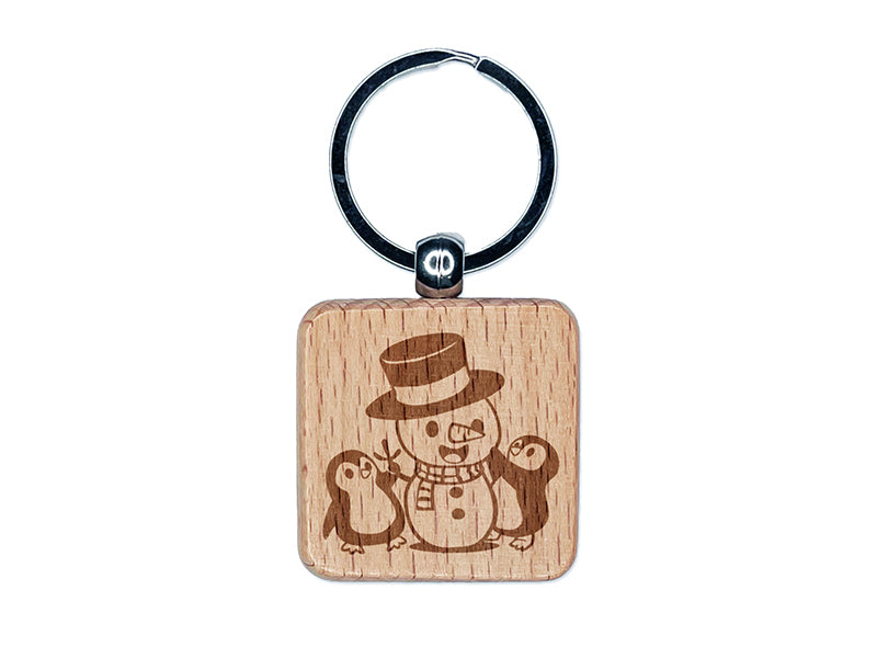 Christmas Penguins Building Snowman Engraved Wood Square Keychain Tag Charm