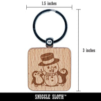 Christmas Penguins Building Snowman Engraved Wood Square Keychain Tag Charm