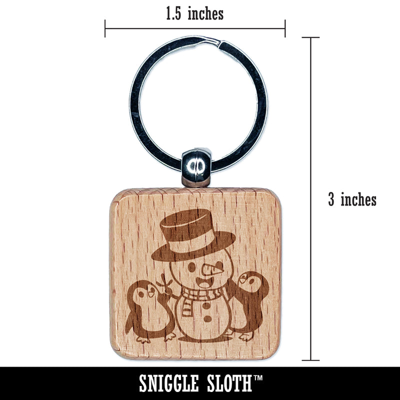 Christmas Penguins Building Snowman Engraved Wood Square Keychain Tag Charm