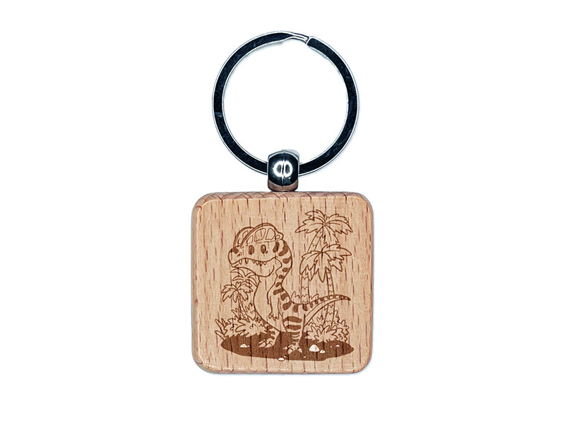 Dilophosaurus Crested Dinosaur Engraved Wood Square Keychain Tag Charm