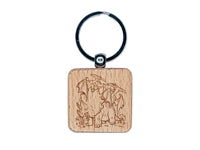 Dinosaur Buddies Triceratops and Pteranodons Engraved Wood Square Keychain Tag Charm