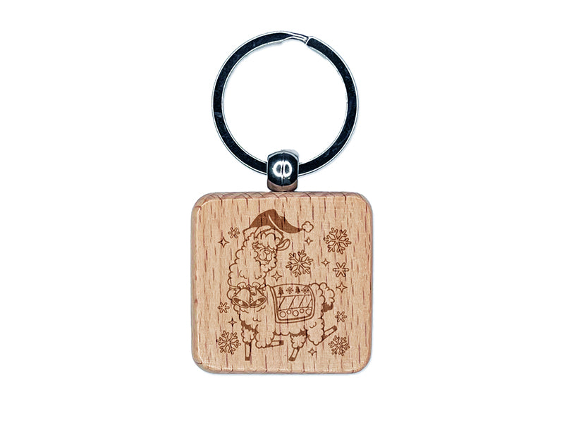 Fabulous Holiday Christmas Alpaca Engraved Wood Square Keychain Tag Charm
