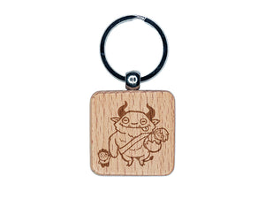 Fluffy Krampus with Naughty Children Christmas Engraved Wood Square Keychain Tag Charm