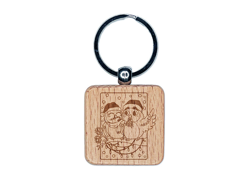Holiday Christmas Owls with Candy Cane and Mistletoe Engraved Wood Square Keychain Tag Charm