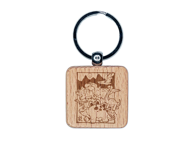 March of Various Dinosaurs Engraved Wood Square Keychain Tag Charm