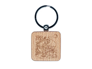 Pachycephalosaurus Dinosaur Headbutting Coconut Engraved Wood Square Keychain Tag Charm