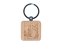 Parasaurolophus Duck Billed Dinosaur Engraved Wood Square Keychain Tag Charm