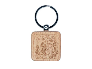 Parasaurolophus Duck Billed Dinosaur Engraved Wood Square Keychain Tag Charm