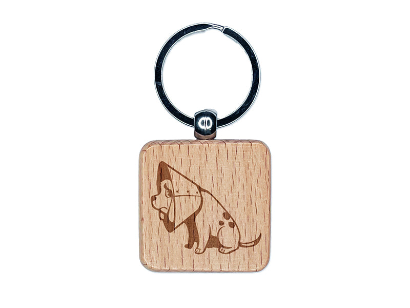 Sad Pet Dog in Cone of Shame Engraved Wood Square Keychain Tag Charm