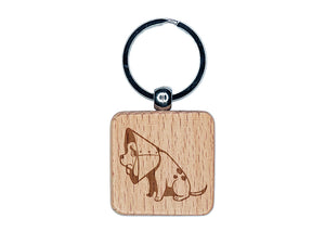 Sad Pet Dog in Cone of Shame Engraved Wood Square Keychain Tag Charm