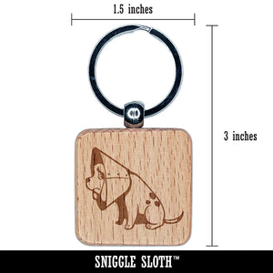 Sad Pet Dog in Cone of Shame Engraved Wood Square Keychain Tag Charm