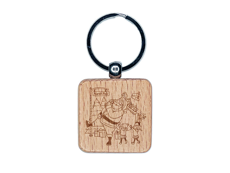 Santa Claus and Elves Loading Gifts into Bag Engraved Wood Square Keychain Tag Charm
