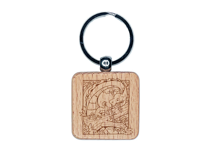 Small Dinosaur Spooked by Big Brontosaurus Engraved Wood Square Keychain Tag Charm