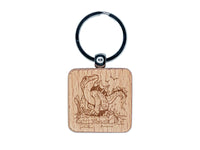 Spinosaurus Dinosaur Standing on River Rock Engraved Wood Square Keychain Tag Charm