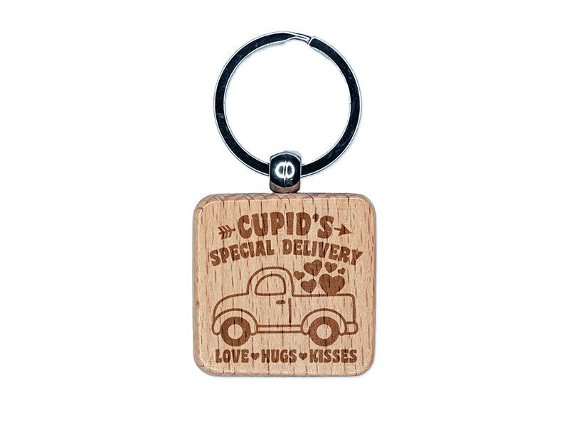 Cupid's Special Delivery Truck Valentine's Day Engraved Wood Square Keychain Tag Charm