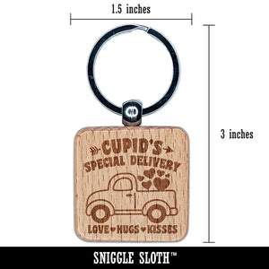 Cupid's Special Delivery Truck Valentine's Day Engraved Wood Square Keychain Tag Charm