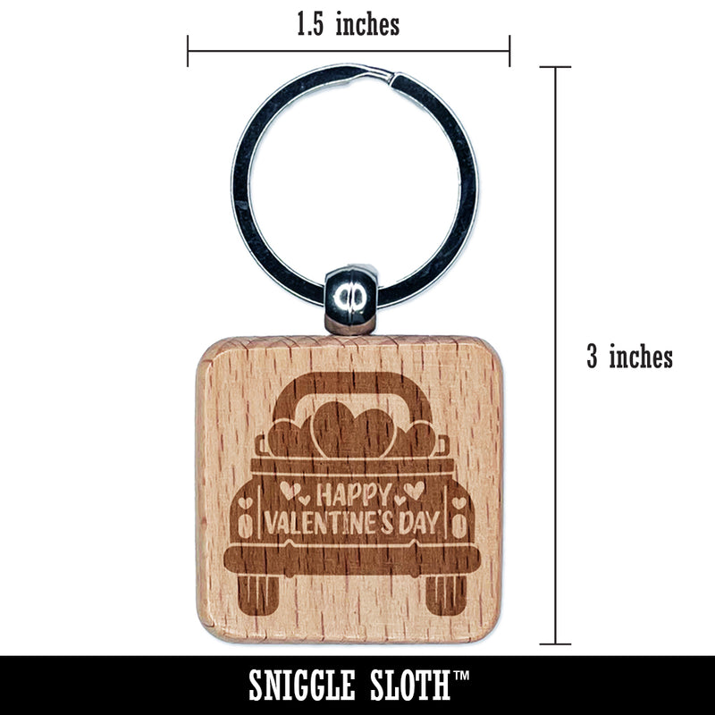 Happy Valentine's Day Truck Engraved Wood Square Keychain Tag Charm