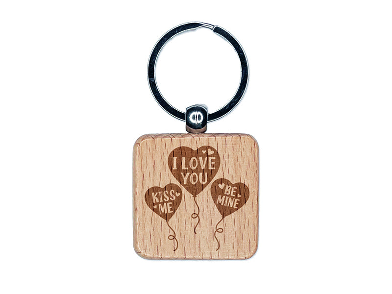 Love Balloons Valentine's Day Engraved Wood Square Keychain Tag Charm