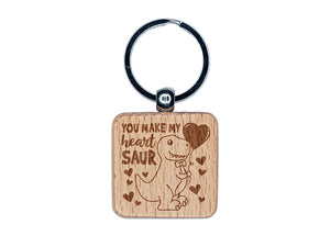 You Make My Heart Saur Soar Dinosaur Valentine's Day Engraved Wood Square Keychain Tag Charm