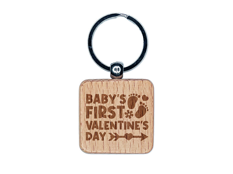 Baby's First Valentine's Day Engraved Wood Square Keychain Tag Charm