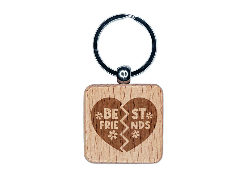 Best Friends Heart Valentine's Day Engraved Wood Square Keychain Tag Charm