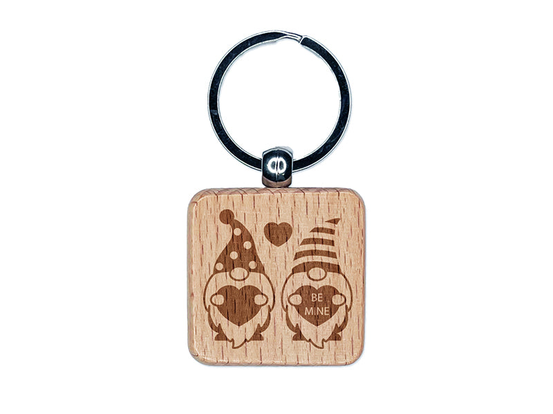 Pair of Valentine Gnomes Valentine's Day Engraved Wood Square Keychain Tag Charm