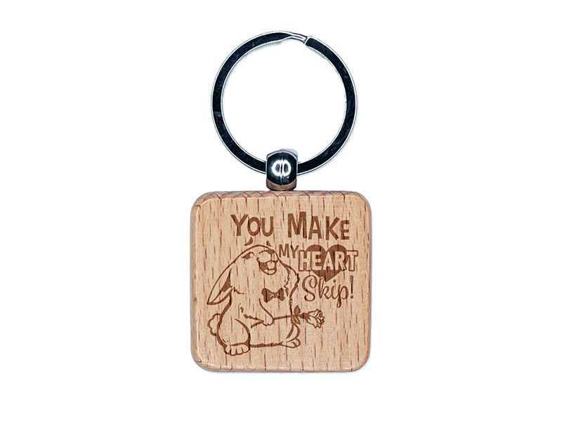 You Make My Heart Skip Bunny Rabbit Love Valentine's Day Engraved Wood Square Keychain Tag Charm