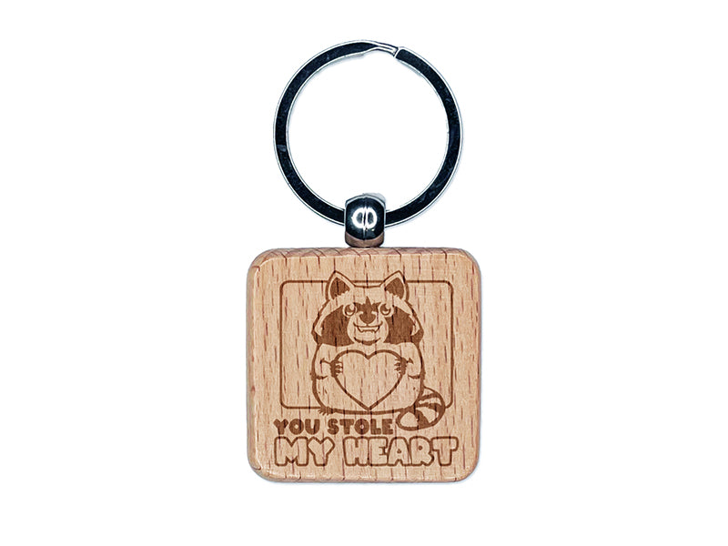 You Stole My Heart Raccoon Love Anniversary Valentine's Day Engraved Wood Square Keychain Tag Charm