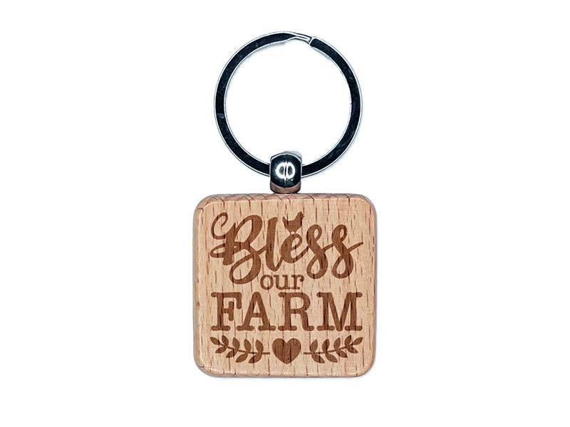 Bless Our Farm Engraved Wood Square Keychain Tag Charm