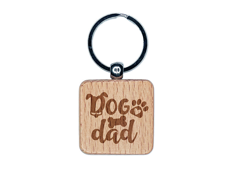 Dog Dad Paw Print Engraved Wood Square Keychain Tag Charm