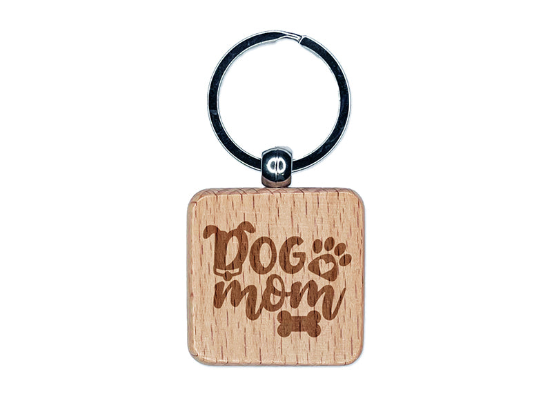 Dog Mom Paw Print Engraved Wood Square Keychain Tag Charm
