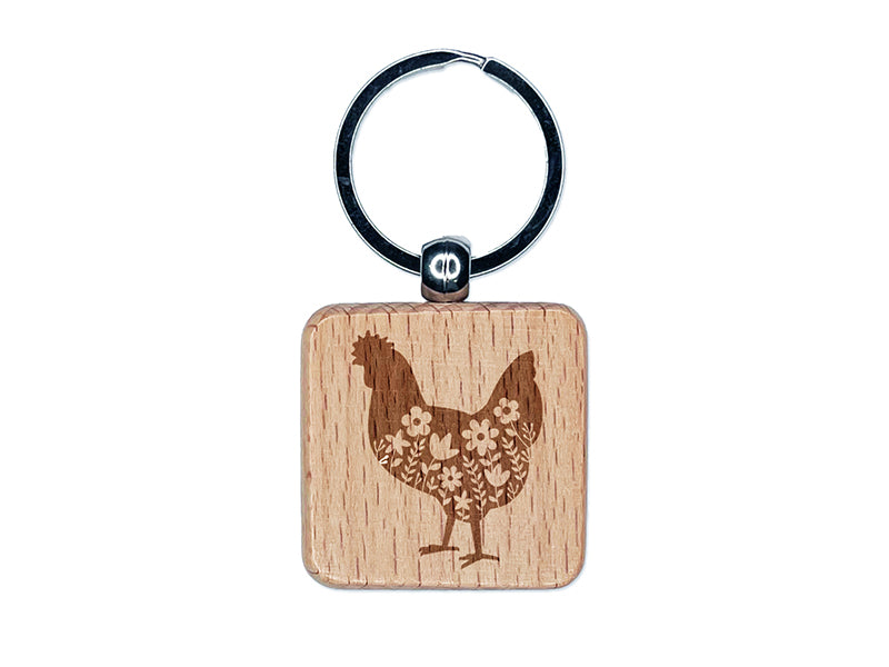 Floral Chicken Engraved Wood Square Keychain Tag Charm